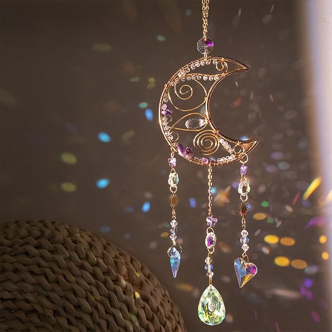 TUOKING Crystal Moon Suncatchers for Window Hanging Natural Healing Stones Wind Chimes Sun Catcher Rainbow Maker Good Luck Gifts Decor for Home Garden