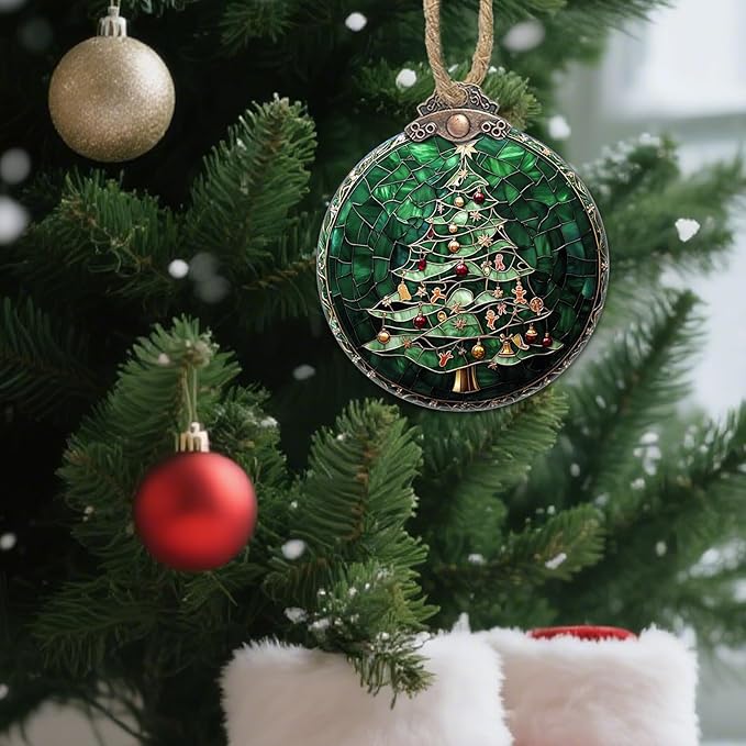 Stained Glass Christmas Decorations, Small Bell Pendant Suncatcher for Window Christmas Tree Hanging Ornaments Retro Green Sun Catcher Xmas Decor Gifts for Women Men Mom Nana Friend