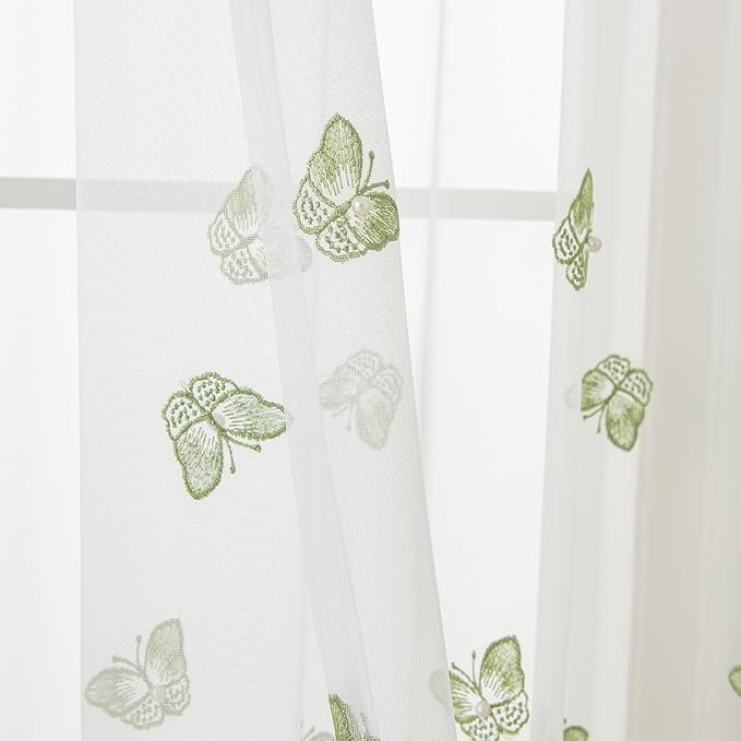 VISIONTEX White Sheer Voile Curtains, Decorative Green Embossed Butterflies Rod Pocket Window Drapes for Home Kitchen, Living Room and Bedroom 54 x 72 Inch, Set of 2 Curtain Panels