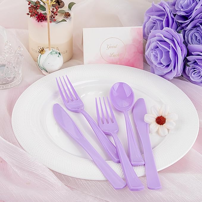 WDF 160 Piece Purple Plastic Silverware - Heavy Duty Purple Silverware Includes 80 Forks, 40 Spoons, 40 Knives, Lavender Plastic Utensils Perfect for Wedding, Party