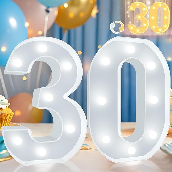 Pooqla 30th Birthday Decoration for Her Him, Decorative LED Light Up Numbers, Marquee Numbers 30 Sign for Party Backdrop 30th Wedding Anniversary Decor, Warm White and Cool White Number 30