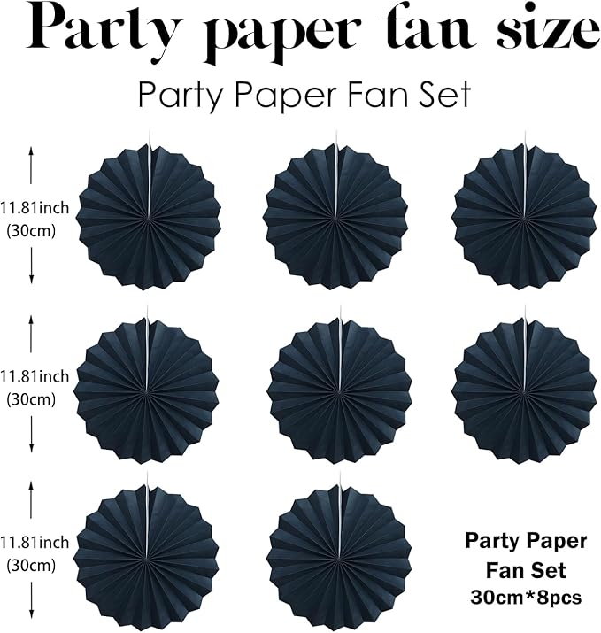 Black Party Decorations,Halloween Decor Events Accessories,Black Birthday Decorations,Anniversary Decorations for Party,Birthday Decorations for Men 12in Hanging Paper Fans 30 Color DIY Set(Black)