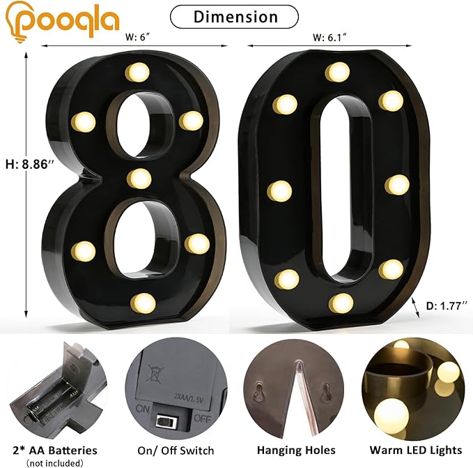 Pooqla Decorative Led Light Up Number Letters, Black Plastic Marquee Number Lights Sign for 80th Birthday Party Wedding Decor Battery Operated Black Decoration 80