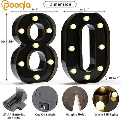 Pooqla Decorative Led Light Up Number Letters, Black Plastic Marquee Number Lights Sign for 80th Birthday Party Wedding Decor Battery Operated Black Decoration 80
