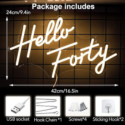 LED Hello Forty Neon Sign 16.5x9.4 inch - Dimmable Wall Decor for 40th Birthday, Bedroom, Office, Beauty Salon with USB Power