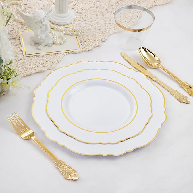 Liacere 350PCS Gold Plastic Plates-Disposable White and Gold Plates 50guest Baroque Plastic Dinnerware include 100Plates, 50Pack Pre Rolled Napkins with Silverware 50Cups for Wedding&Thanksgiving