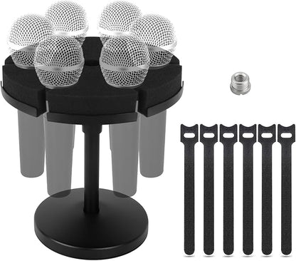 Multi Microphone Holder, Wired and Wireless Mic Holder for Stand, Hold Up to 6 Microphones, Aluminum, Black with stand (Desk)