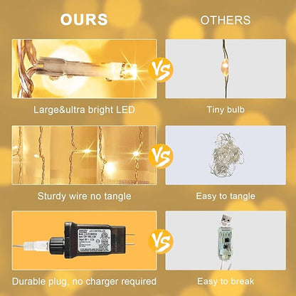 JMEXSUSS 300 LED Remote Control Christmas Curtain Lights, Plug in Fairy Curtain Lights Outdoor, Window Wall Hanging String Lights for Bedroom Backdrop Wedding Party Indoor Patio Xmas Decor, Warm White