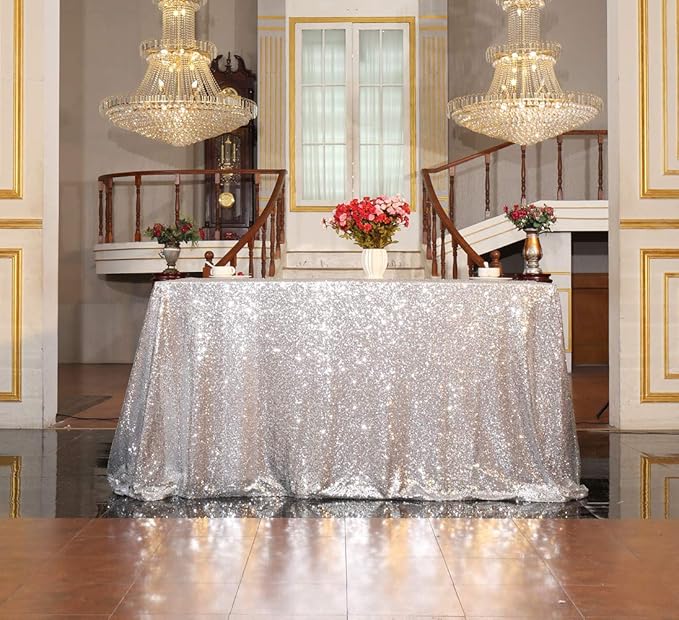 SquarePie Sequin Tablecloth 90 x 156 Inch Silver Sparkly Table Linen for Wedding Party