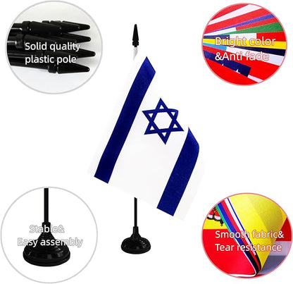 Israel Desk Flag, 12 Pack Israeli Table Office Flag with Black Solid Pole and Stand Base, International Country Flag, Festival Celebration, Classroom Meeting Desktop Decor (Israel)