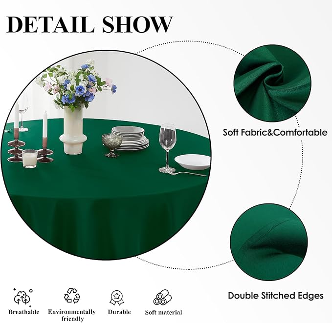 Round Tablecloth 132 Inch 6 Pack Dark Green Tablecloths Washable Decorative Linen Polyester Table Clothes Cover for Dining Table Banquets Buffet Parties and Wedding