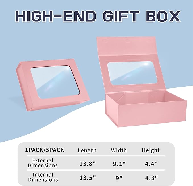 TIACABO Pink Large Gift Box with Window, 13.5"x9"x4.3" Bridesmaid Boxe for Gifts Giving,Birthday Gift Boxes with Magnetic,Closure Lid Gifts Box for Presents,Cute Boxe,Luxury for Gift Packaging