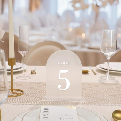 UNIQOOO Frosted Arch Wedding Table Numbers with Stands 1-15, 5x7" Acrylic Display Signs and Holders, Pack of 15, Perfect for Centerpiece, Reception, Decoration, Party, Anniversary, Event