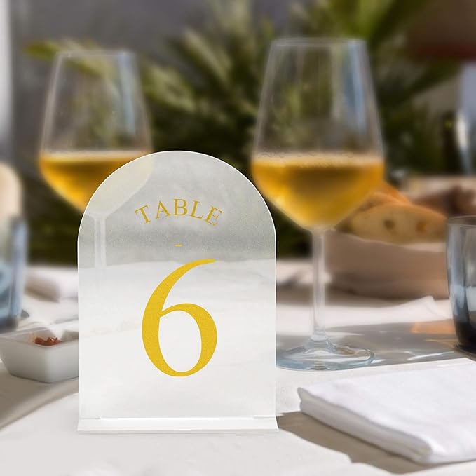 JOYIT Frosted Arch Wedding Table Numbers 1-10 with Stands – 5" X 7" Acrylic Gold Table Number Holders, Perfect for Wedding Receptions, Parties, Anniversaries, and Events
