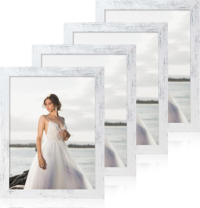 8.5x11 Picture Frame Set of 4, Distressed White Certificate Frame with Real Glass, Wood Photo Frames 8.5 by 11 Diploma Document for Wall Hanging and Tabletop Display