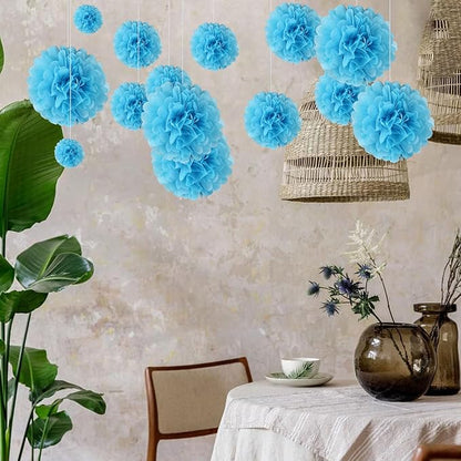 20 PCS Baby Blue Tissue Paper Pom Poms, Tissue Pom Poms Flowers, Sizes of 6", 10", 12", 14" Hanging Paper Flower Ball for Wedding, Birthday, Halloween, Christmas, Baby Shower Party Decor
