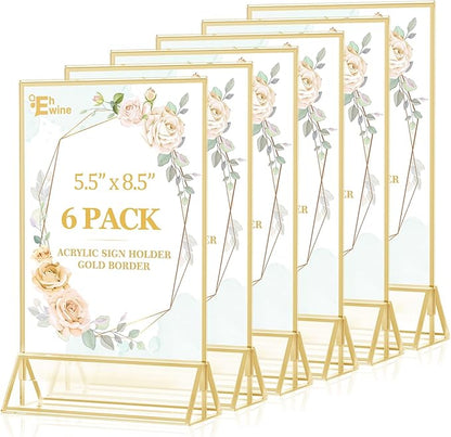 EHWINE 6 Pack Acrylic Sign Holder 5.5 x 8.5, Double Sided Gold Picture Frame Stand up Table Top Sign Holders, Clear Display Stand Menu Flyer Holder for Wedding Party