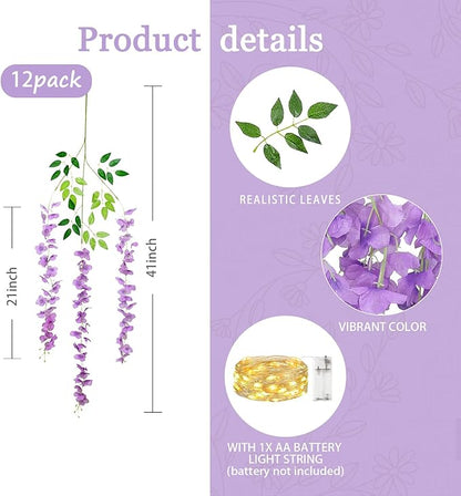 12 Pack Light Purple Wisteria Hanging Flowers Garland with Lights, 3.44 Feet Artificial Flower Vines, Fake Wisteria, Artificial Vines Hanging Garland for Backdrop Outdoor Patio Garden Decor