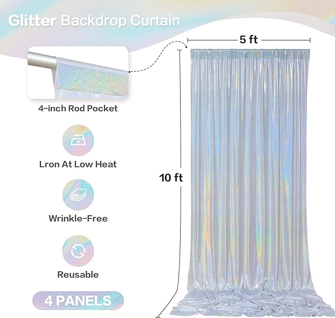 gogoparti 20x10FT Laser Silver Sequin Backdrop Curtain - 4 Panels of 5x10FT Wrinkle-Free Glitter Drapes for Photography, Birthdays, Weddings & Graduations