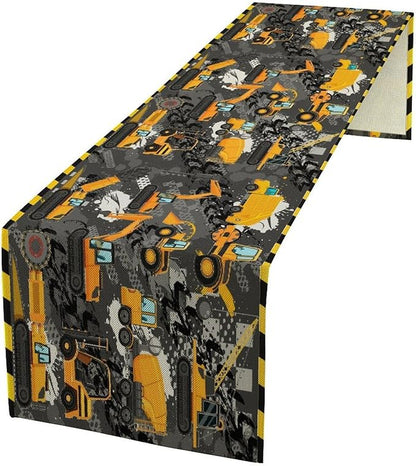 Cartoon Car Table Runner,Boy Kids Construction Yellow Tractor Excavator Tablecloth Burlap for Hotel Indoors Outdoor Dining Room Kitchen Home Decor,W13X L70 in