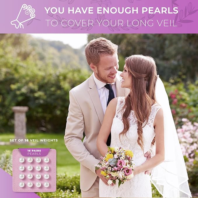 Pearl Veil Weights - 16 Pairs of Magnetic Bridal Veil Weights - Secures Long Veils for Outdoor Weddings - Premium Wedding Accessories for The Bride
