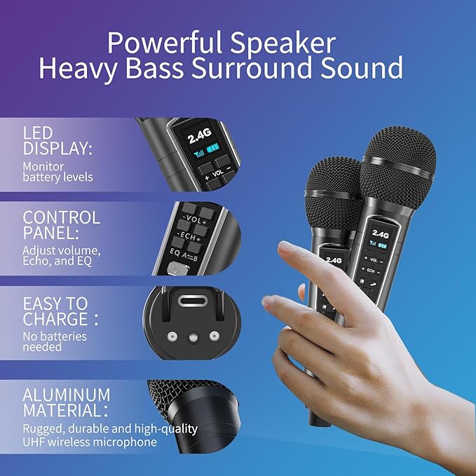 Karaoke Machine for Adults and Kids with 2 UHF Wireless Microphones,Portable Bluetooth Speaker PA Speaker System with LED Party Lights for Home Party, Picnic,Car,Outdoor/Indoor/Birthday Gifts
