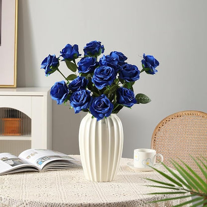 Tifuly Royal Blue Roses Artificial Flowers -12 pcs Realistic Single Long Stem Fake Silk Roses Bouquet for Party Home Wedding Centerpiece Office DIY Decor
