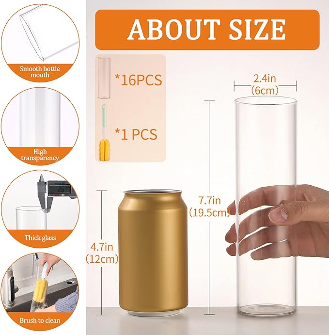 16Pcs Glass Cylinder Bud Vases for Centerpieces,7.7 In Tall Clear Flower Vases in Bulk,Glass Small Vases Floating Candle Holder for Party,Home Decor,Wedding Decoration,Birthday,Anniversary,Baby Shower