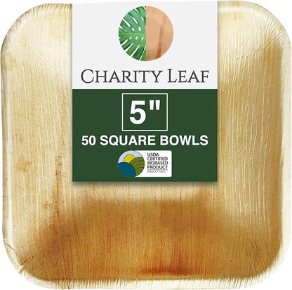 Disposable Palm Leaf 5" Square Bowl (50 pcs) Dipping Bowls | Bamboo Like| All Natural and Biodegradable | Charcuterie Boards, BBQs, and Parties