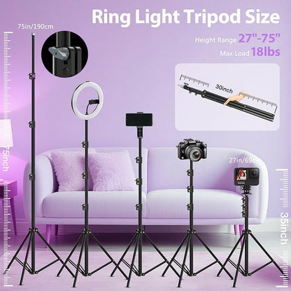 Ring Light 22inch Kit: Ring Light Tripod for iPhone ipad, with 75" Tripod/LCD Display/2 USB Ports Overhead Phone Mount for Video Recording, Zoom Meeting,YouTube,TikTok (Purple)
