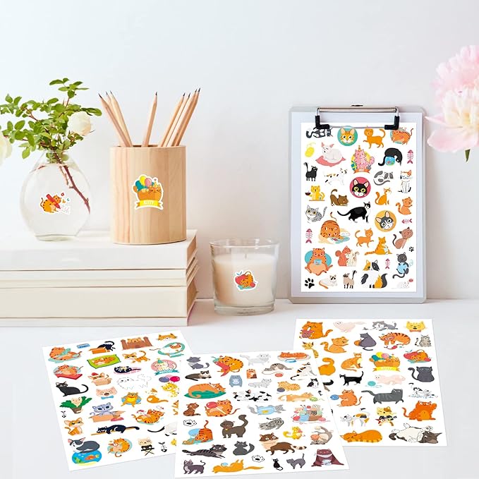 Cute Cat Stickers Kitty Decal Sticker 685 Counts Party Gifts Goodie Bags Decor Reward Animal Birthday Party Favors Vinyl Waterproof Cat Water Bottle Laptop Stickers Invitation Decor