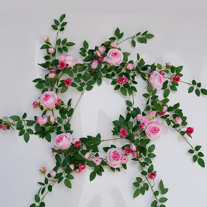 6FT Pink Flower Garland Artificial Rose Vines Hanging Floral Garland for Home Decor Wall Trellis Fence Wall Decoration (Pink, 1pcs)