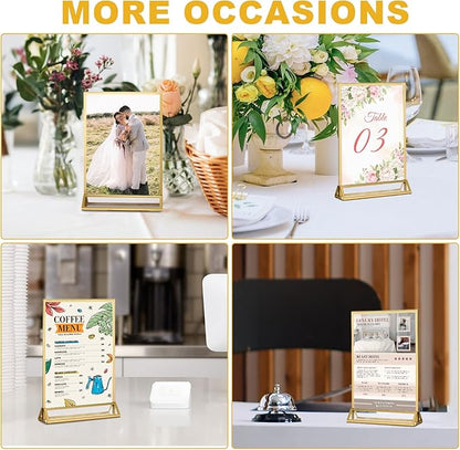 EHWINE 6 Pack Acrylic Sign Holder 4 x 6, Double Sided Gold Picture Frame Stand up Table Top Sign Holders, Clear Display Stand Menu Flyer Holder for Wedding Party