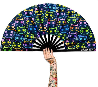 UV Glow Rave Fan, Bamboo Folding Clack Hand Fan for Men Women (Cute Cat, Large 13")