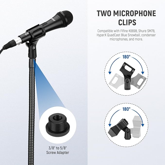 NEEWER Microphone Stand with Flexible Arm, Boom Arm Mic Floor Tripod Mount Holder with Mic Clips, 3/8" to 5/8" Adapter, Cable Clips for Singing Vlogging Live Streaming Video Recording, MS010