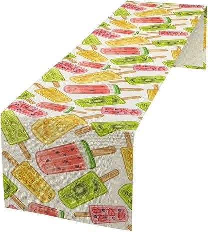 Ce Cream Table Runner, Cold Fruity Popsicles Summer Sweet Seasonal Dinner Runner for Party Holiday Home Kitchen Dining Table Decor 13"x36"