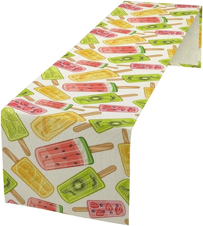 Ce Cream Table Runner, Cold Fruity Popsicles Summer Sweet Seasonal Dinner Runner for Party Holiday Home Kitchen Dining Table Decor 13"x70"