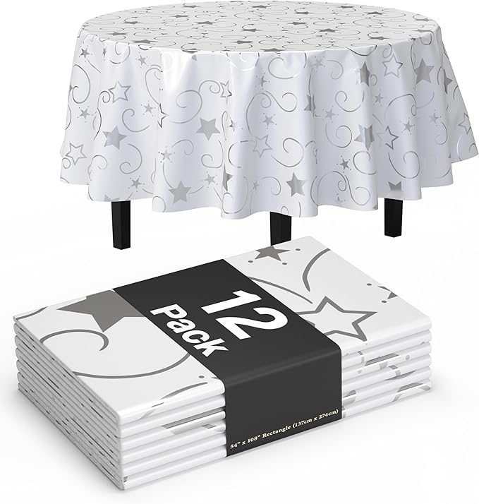Exquisite Silver Star Tablecloth Plastic 12-Pack Disposable Round Tablecloths 84" Silver Star Table Cloths Round Table Covers Plastic Tablecloth for Party Decorations