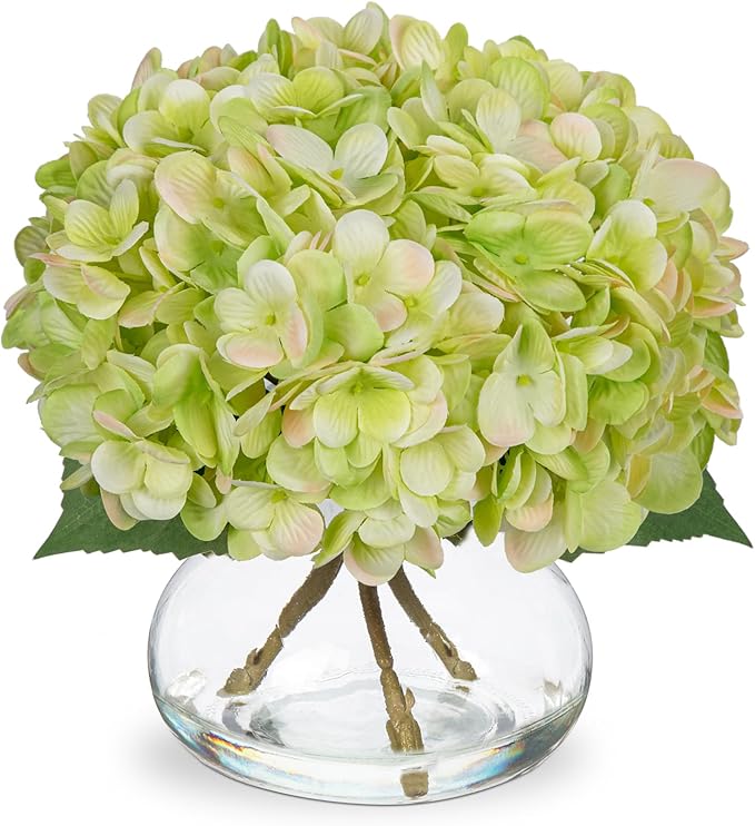 Hollyone Hydrangea Artificial Flowers with Glass Vase Green Silk Faux Flowers Arrangements in Vase with Faux Water Fake Floral Bulk Bouquet for Home Decor Table Centerpiece Decorations