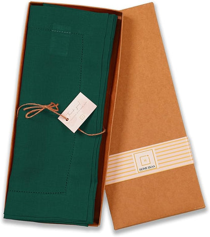 Linen Table Runner 14 x 90 Inch Long - 100% Pure Linen Christmas Green Table Runner - Cloth Fabric Hemstitch Runner for Thanksgiving, Christmas, Winter, New Year - Elara