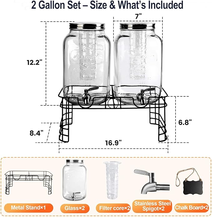 2 Gallon Drink Dispensers for Parties, 2 Pack Beverage Dispensers with Stand, Glass Water Jug Dispenser, with 18/8 Stainless Steel Spigot, Great for Party, Wedding, Picnic, BBQ