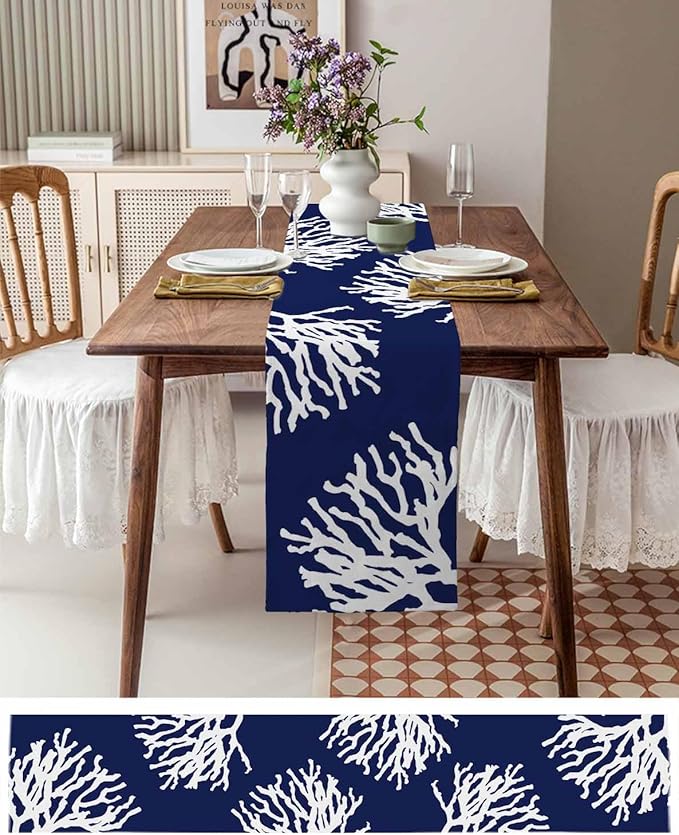Coastal Coral Cotton Linen Table Runner for Dining Kitchen, Wedding Outdoor Party Tablerunners Decoration, Navy Blue Nautical Ocean Beach Dresser Scarf Coffee Tablecloth Runners 13x72 Inches