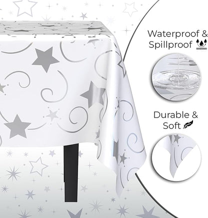 Exquisite Silver Star Tablecloth Plastic 12-Pack Disposable Rectangle Tablecloths 54" x 108" Silver Star Table Cloths Rectangle Table Covers Plastic Tablecloth for Party Decorations