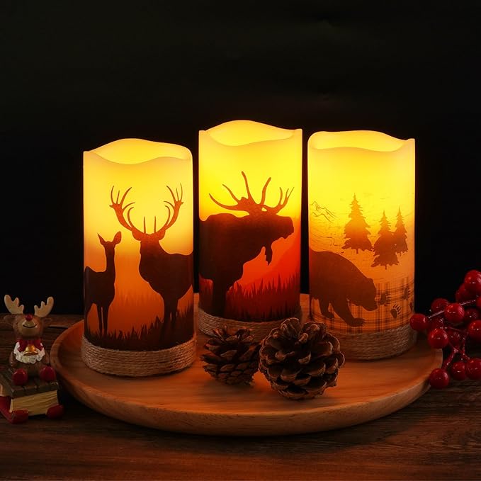 Homemory Christmas Flameless Candles Battery Operated with Rope, Deer, Bear, Moose, Remote Control and Timers, Rustic Country Home Farmhouse Cabin Decor Gifts, 3”x 6”