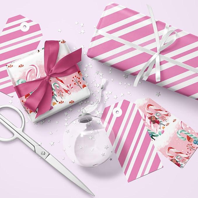 LeZakaa Christmas Pink Wrapping Paper Mini Roll for Kids, Playful Elf Cane Candy, Pink White Candy Stripes Sweet Snowy Reversible Design, 17 inches x 32.8 Feet