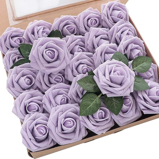 Floroom Artificial Flowers 25pcs Real Looking Lilac Foam Fake Roses with Stems for DIY Wedding Bouquets Bridal Shower Centerpieces Floral Arrangements Party Tables Home Decorations