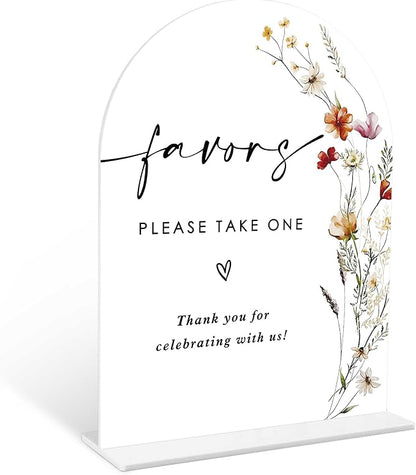 Boho Floral Favors Sign, 6 x 8 Inch White Arch Acrylic Wedding Sign with Holder, Wedding Sign for Ceremony and Reception, Wedding Decoration, Wedding Supplies - BX26