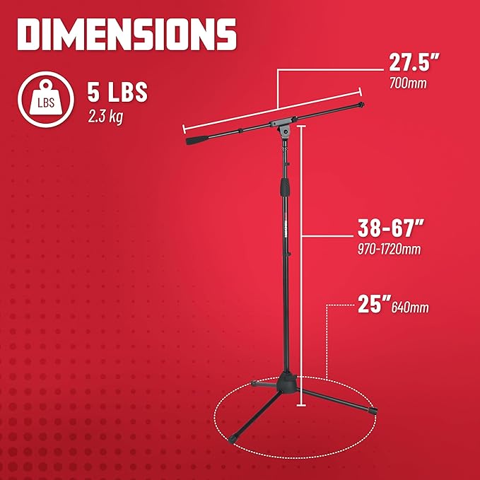 Gator Frameworks Standard Tripod Microphone Stand with Boom Arm,3/8" and 5/8" Adapters, (GFW-MIC-2010)
