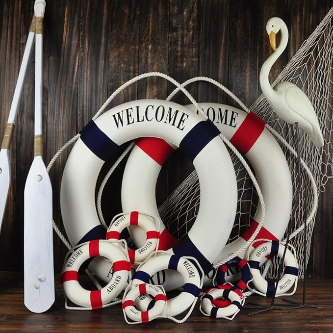 MorroMorn Lifebuoy Wall Hanging Decor - Welcome Aboard Mediterranean Style Home Decoration (Red, 12")
