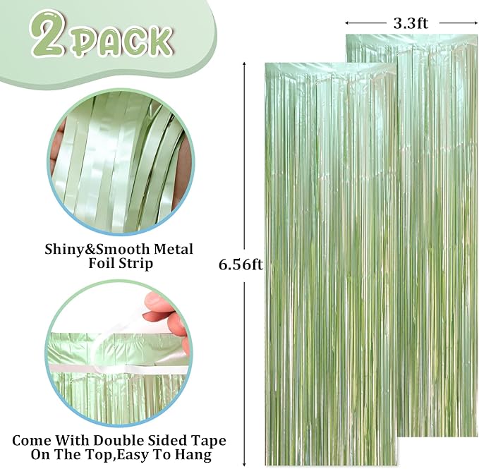 2 Pack Sage Green Foil Fringe Backdrop Curtains, Tinsel Streamers Party Decorations, Fringe Backdrop, Door Shimmer for Baby Shower or Birthday Party